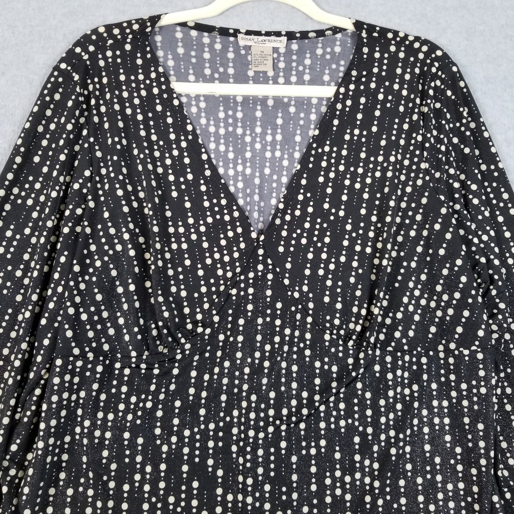 Susan Lawrence Top Womens 1X Plus Black Beige Polka Dot Bell Sleeve Blouse Fun - Picture 2 of 9